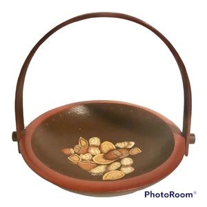 Wooden Nut Basket Bowl Hand Made Hand Painted 2003 Brown Red 7" x 9"